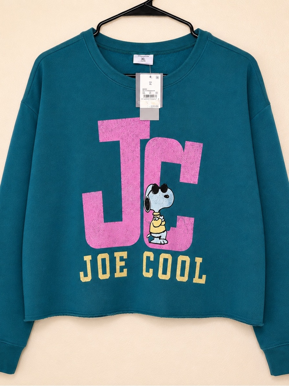 Peanuts Teal Women’s Crewneck with Pink JC and Yellow Joe Cool Text